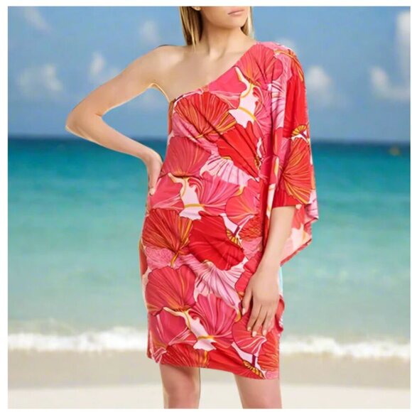 Trina Turk Mini Dress 12 Pink One Shoulder Floral Ruched Draped Bodycon - Picture 1 of 5